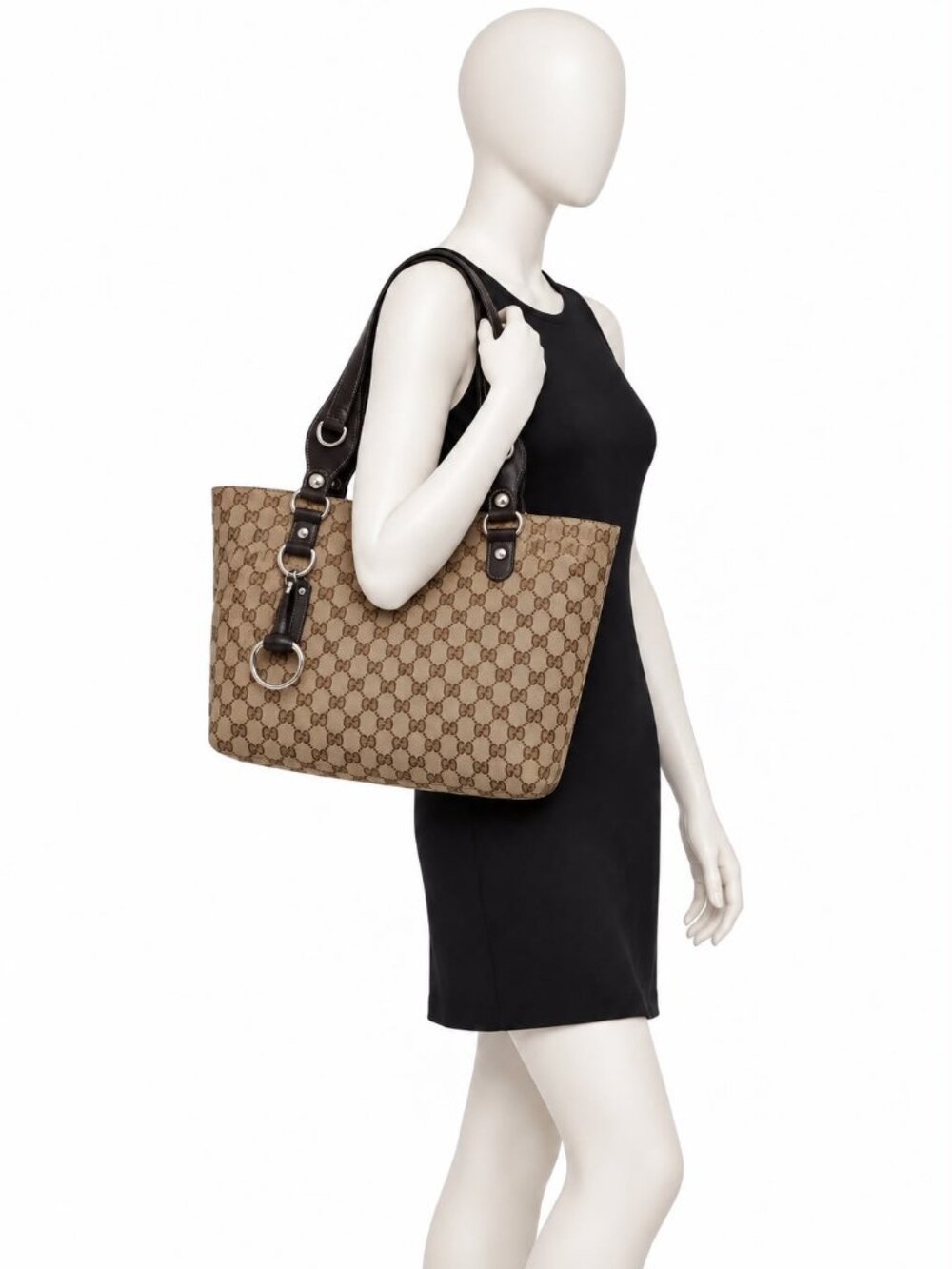 Gucci GG Monogram Canvas Large Tote Shoulder Bag Brown Leather